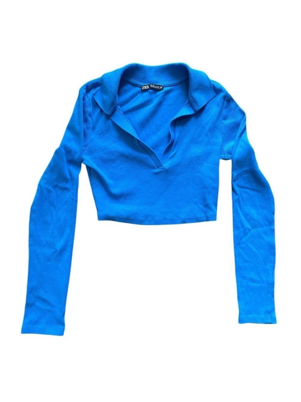 Zara Blue Crop Top Long Sleeve Collared Size Small